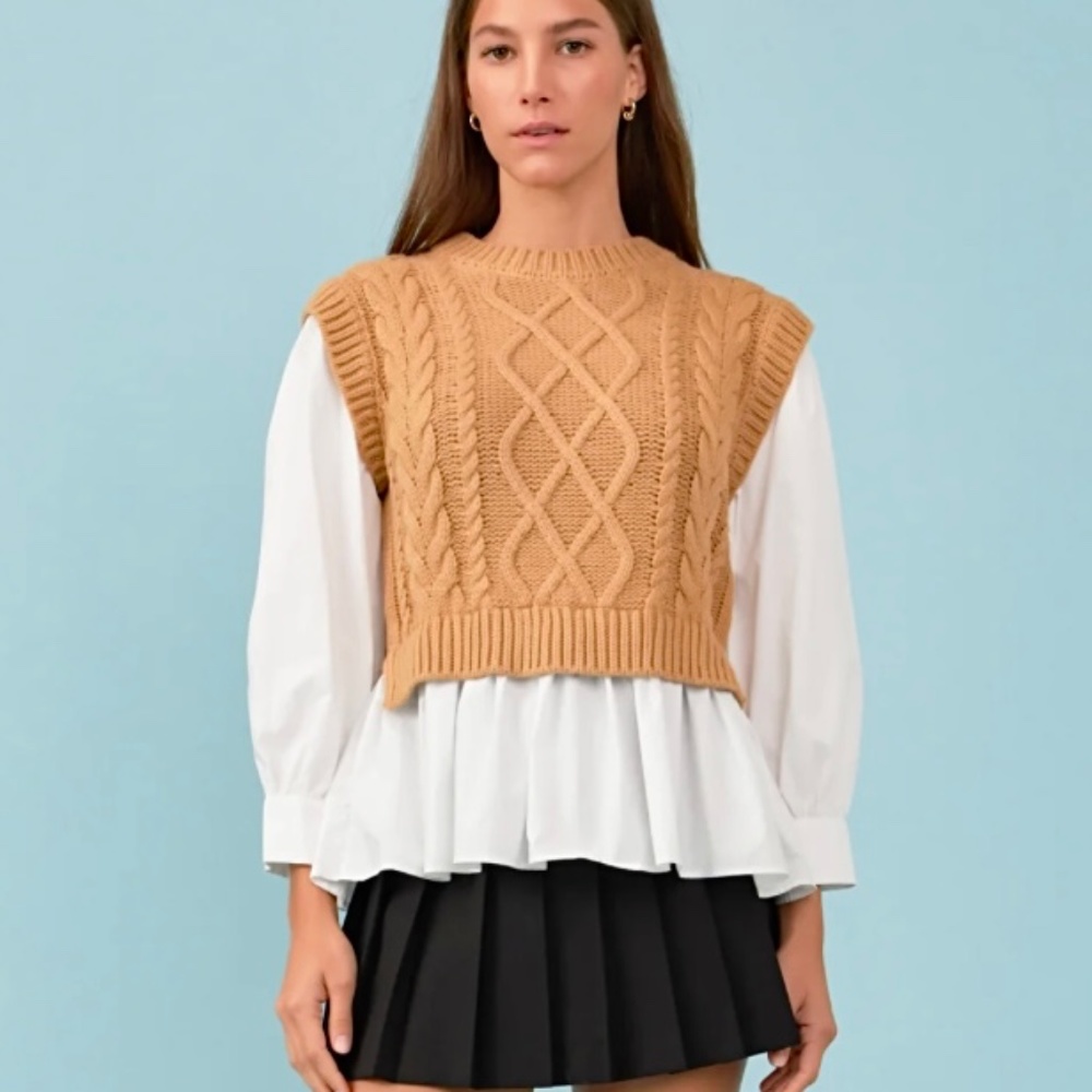 English Factory Mixed Material Cable Knit Sweater